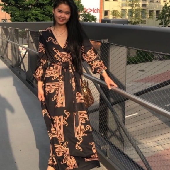 🌺 DRESS PAISLEY DESIGNER BAROQUE LONG SLEEVE MAXI BLACK BROWN FANCY ELEGANT - Picture 8 of 9